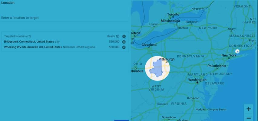 Google Ads showing Bridgeport CT reach and Wheeling Steubenville DMA Reach