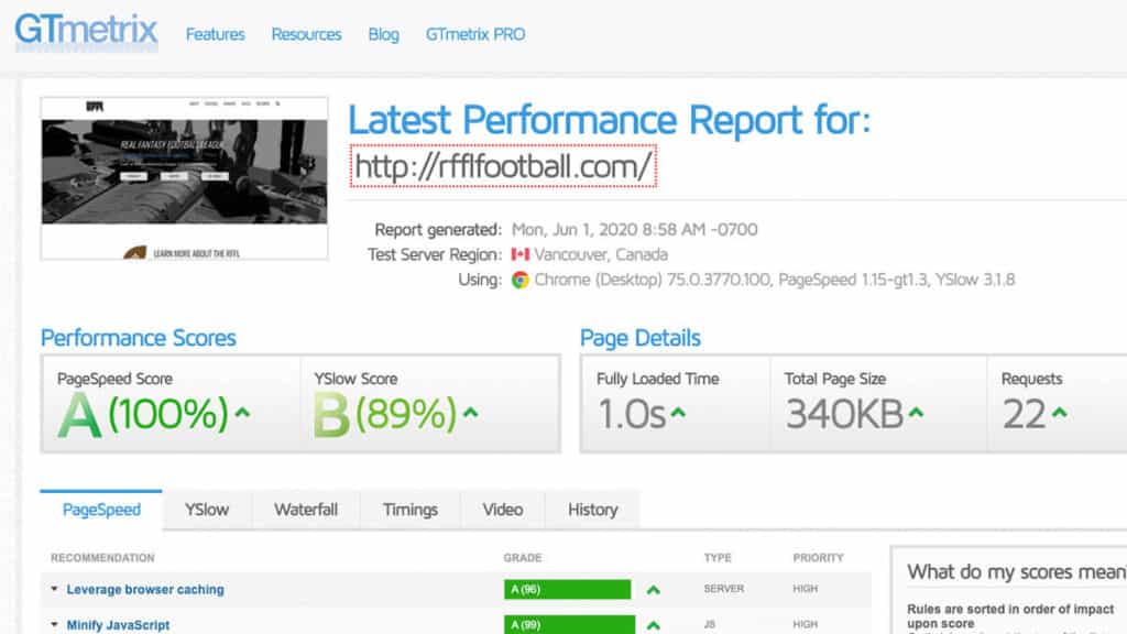 RFFL Website Speed on GTMetrix