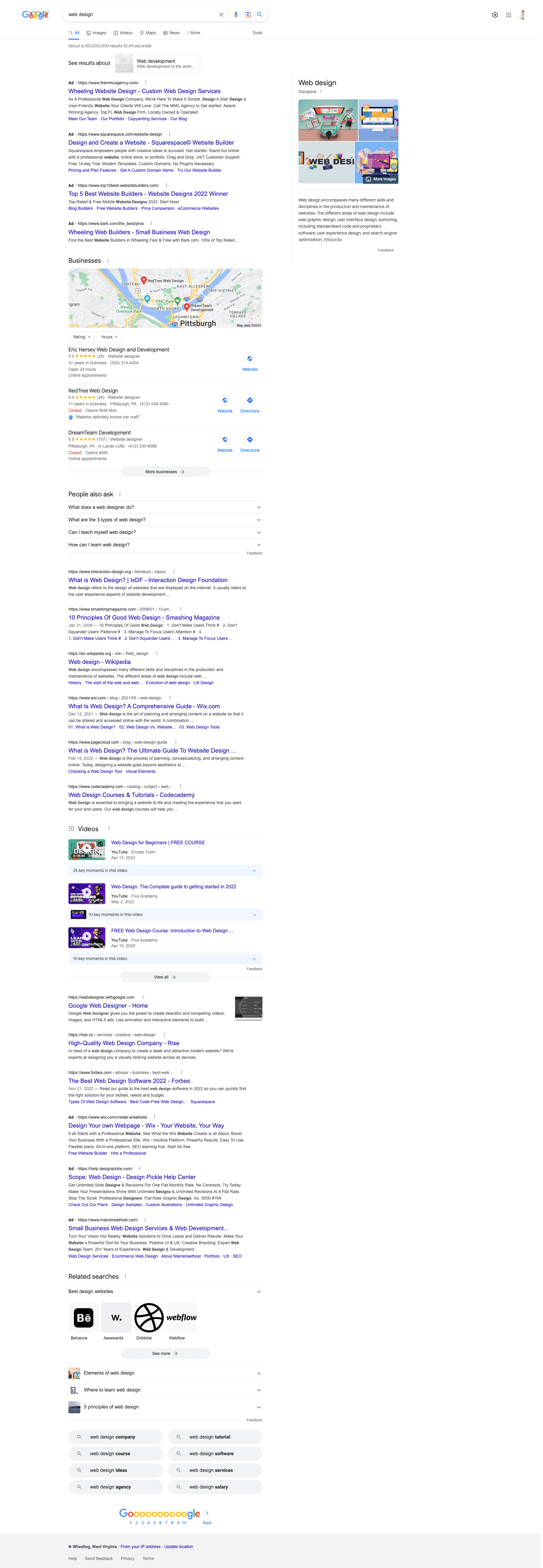 Page One of Google Search for Web Design in Wheeling WV