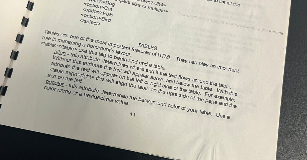 HTML tables section of HTML Lessons Notebook used in 2000 for Web Design Students at Martins Ferry High School